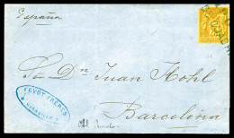 O N°92, 1881, 25c Sage Obl Griffe Linéaire Bleue VAPOR/DE /CUADRA, De Marseille à Barcelone, R3 (ex Vente Thiaude 1977,  - 1876-1898 Sage (Tipo II)