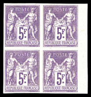 * N°95e, 5F Violet Sur Lilas Non Dentelé En Bloc De Quatre Bord De Feuille Latéral (1ex**), Fraîcheur Postale. TTB (cert - 1876-1898 Sage (Type II)