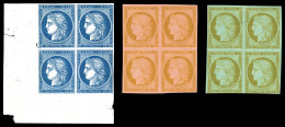 (*) Essais 40c Cérès, 3 Blocs De Quatre: 40c Brun-clair Sur Rose, 40c Bistre Orangé Sur Bleuté Et Essai 1858 En Bleu Cdf - 1849-1850 Ceres