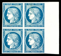 (*) Non émis, Cérès 20c Bleu: Essais En Bloc De Quatre Bord De Feuille Latéral, Très Jolie Pièce, Rare (certificat)  Qua - 1849-1850 Ceres