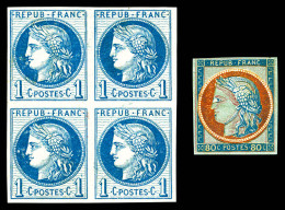 (*) Essais N°50, Cérès: 1c Bleu, Bloc De Quatre Et 80c Coussinet D'impression. TB  Qualité: (*)  Cote: 950 Euros - 1871-1875 Ceres