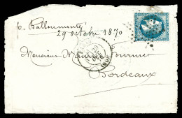 O LE COLONEL CHARRAS', 20c Lauré Obl étoile + Càd Du 29 Oct 1870 Pour BORDEAUX, Au Verso Càd Bleu 'PREFECTURE DE POLICE/ - Guerre De 1870