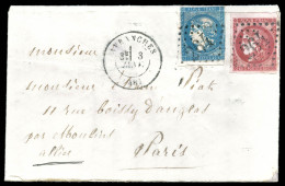 O Boule De Moulins Rare Affranchisement: 20c Bordeaux Type I Rep 1 (N°44A) Et 80c Bordeaux (N°49) Obl GC '264' Sur Envel - War 1870