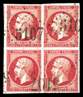 O N°17B, 80c Rose En Bloc De Quatre Obl GC 5107 De TUNIS, Belles Marges Avec Voisins. TTB. R. (signé Brun/certificat)  Q - 1853-1860 Napoléon III