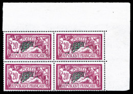 ** N°208, Merson, 20F Lilas-rose Et Vert-bleu En Bloc De Quatre Coin De Feuille, Très Bon Centrage, SUP (certificat)  Qu - Unused Stamps