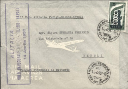 1957-I^volo Alitalia Parigi Milano Napoli Del 14 Aprile - Correo Aéreo