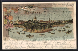 Lithographie Konstanz, Mit Laternen Erleuchtetes Hafenpanorama  - Konstanz