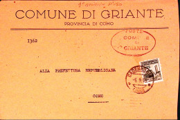 1944-Monumenti C.25 II^tipo Isolato Su Busta Griante (6.9) Tariffa Ridotta Sinda - Marcophilie