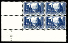 ** N°261, Port De La Rochelle, 10F Bleu En Bloc De Quatre Coin De Feuille Daté Du 20.11.37, TB (certificat)  Qualité: ** - 1930-1939