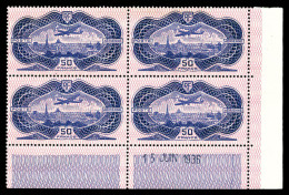 ** N°15, 50F Burelé En Bloc De Quatre Coin De Feuille Daté Du 15 Juin 1936, SUPERBE (certificat)  Qualité: **  Cote: 750 - Luftpost