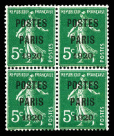 ** N°24, 5c Vert Surchargé 'POSTE PARIS 1920' En Bloc De Quatre , Bon Centrage. SUP (signé Brun/certificat)  Qualité: ** - 1893-1947