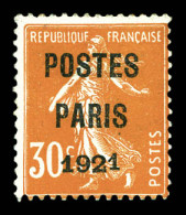 (*) N°29d, 30c Orange Surchargé POSTE PARIS 1921 Avec 2ème 1 De 1921 Surélevé. TTB. R. (certificat)  Qualité: (*)  Cote: - 1893-1947