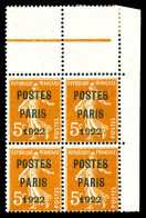 ** N°30, Semeuse 5c Orange Surchargé 'POSTE PARIS 1922', Bloc De Quatre Coin De Feuille Avec Liseret, Fraîcheur Postale. - 1893-1947