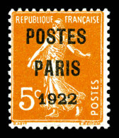 ** N°30, Semeuse 5c Orange Surchargé 'POSTES PARIS 1922', TTB (certificat)  Qualité: **  Cote: 350 Euros - 1893-1947