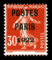 ** N°32, 30c Rouge Surchargé 'POSTE PARIS 1922'. SUPERBE (signé Calves/certificat)  Qualité: **  Cote: 1350 Euros - 1893-1947