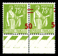 ** N°480, 50 S 75c Paix. Vert-olive, Surchage A CHEVAL Sur Paire Avec 1 Exemplaire Sans '0'. TTB (signé Calves/certifica - Unused Stamps