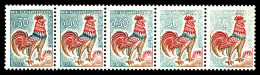 ** N°1331Ab, 30c Coq: Couleur Verte Absente Tenant à 2 Ex Couleur Dégradée Tenant à Normaux En Bande De 5. TTB (signé/ce - Ongebruikt