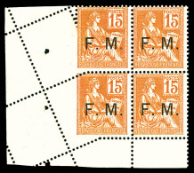 ** N°1, 15c Orange, Piquage Oblique Sur Bloc De Quatre Coin De Feuille (1ex*). SUPERBE. R. (signé/certificat)  Qualité:  - War Stamps