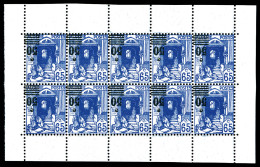 ** N°166a, 50c Sur 65c Bleu: Surcharge Renversée Sur Feuillet De 10 Timbres. SUPERBE. R. (certificat)  Qualité: **  Cote - Ongebruikt