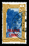 O N°255A, 20f Bistre Et Bleu Surchargé 'FRANCE LIBRE'. SUP (certificat)  Qualité: Oblitéré  Cote: 1300 Euros - Used Stamps