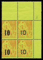 ** N°4A Et 4F, 10 Sur 20c Brique Sur Vert: 2 Paires Types II Et VII Se Tenant En Bloc De Quatre Coin De Feuille, Fraîche - Unused Stamps