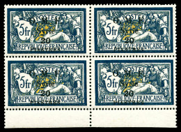 ** N°24, 20 Pi Sur 5f Bleu Et Chamois En Bloc De Quatre Bas De Feuille, Centrage Parfait, Fraîcheur Postale. SUPERBE. R. - Unused Stamps