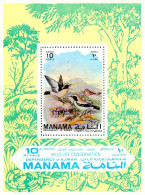 Manama 1971, Wild Life Conservation, Birds, Butterfly, Block - Uccelli Canterini Ed Arboricoli