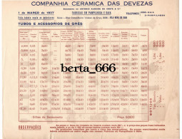 Companhia Ceramica Das Devesas * Gaia * Tabela De Preços * 1937 - Portugal