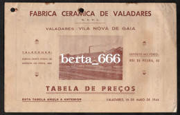 Fábrica Cerâmica De Valadares * Gaia * Tabela De Preços (Livro) * 1944 - Portogallo