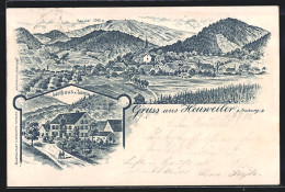 Lithographie Heuweiler B. Freiburg I. B., Gasthaus Z. Lamm, Ortsansicht Aus Der Vogelschau  - Freiburg I. Br.