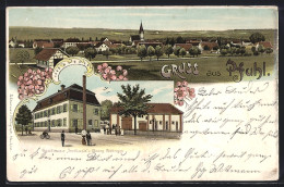 Lithographie Pfuhl / Neu-Ulm, Gasthaus Z. Schlössle, Ortsansicht Mit Kirche  - Neu-Ulm