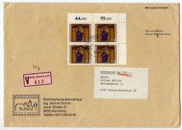Germany, West 1980 Insured V-Label Cover; Nürnberg To Worms-Abenheim; Stamps - 110pf. Hildegard Von Bingen, Block Of 4 - Storia Postale