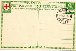 SUISSE.1921.  "FETE NATIONALE". ENTIER POSTAL OBLITERE. CROIX-ROUGE. - Croce Rossa