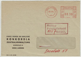 Schweiz 1974, Briefumschlag Freistempel / EMA / Meterstamp Krankenkasse Konkordia Luzern - Basel, Stempel Postleitzahl - Postage Meters