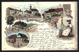 Lithographie Eckartsweier, Gasthaus Zum Schwanen, Strassenpartie Mit Kirche Und Pfarrhaus  - Sonstige & Ohne Zuordnung