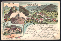 Lithographie Diersburg, Gasthaus Z. Hirsch, Ruine Hohengeroldseck, Ruine Thiersberg  - Sonstige & Ohne Zuordnung