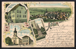 Lithographie Altheim /Baden, Geschäftshaus J. Herkert U. Kaiserl. Postagentur, Kriegerdenkmal  - Baden-Baden