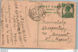 India Postal Stationery George VI 9p Baraut Meerut Cds Kuchaman Cds - Cartes Postales