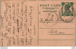 India Postal Stationery George VI 9p To Bikaner - Postcards