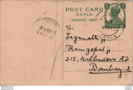 India Postal Stationery George VI 9p To Bombay - Postkaarten