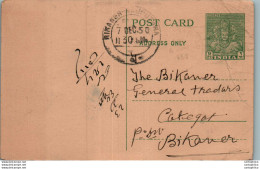 India Postal Stationery 9p Bikaner Rajputana Cds To Bikaner - Postcards