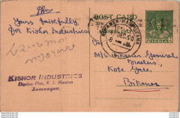 India Postal Stationery 9p Bikaner Rajputana Cds To Kishor Jamnagar - Postcards