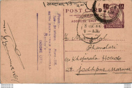 India Postal Stationery George VI 1/2 A To Jodhpur - Postcards