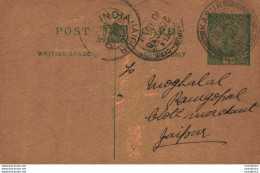 India Postal Stationery George V 1/2A Jaipur Cds - Cartes Postales