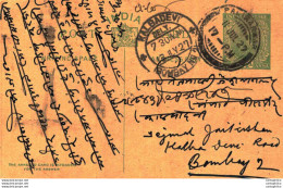 India Postal Stationery George V 1/2A Kalbadevi Bombay Cds Pali Marwar Cds - Postcards