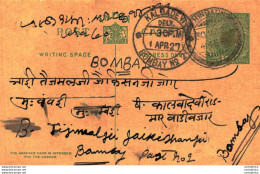 India Postal Stationery George V 1/2A Kalbadevi Bombay Cds Hindaun Cds - Ansichtskarten