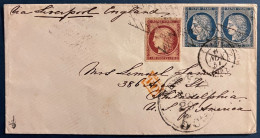 FRANCE Lettre Céres N°4 25c Bleu Paire + N°6 1FR Carmin Pour Les USA Philadelphie Par Voie AnglaiseTB/ SUP Signé JF.BRUN - 1849-1850 Cérès