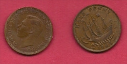 UK, 1945, Very Fine Used Coin, 1/2 Penny, George VI, Bronze, KM 844, C2176 - C. 1/2 Penny