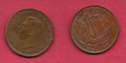 UK, 1944, Very Fine Used Coin, 1/2 Penny, George VI, Bronze, KM 844, C2175 - C. 1/2 Penny