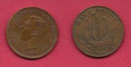 UK, 1942, Very Fine Used Coin, 1/2 Penny, George VI, Bronze, KM 844, C2173 - C. 1/2 Penny